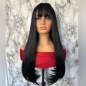 Long black Wig Straight hair 30 in long, with bangs  - Classic wig cap